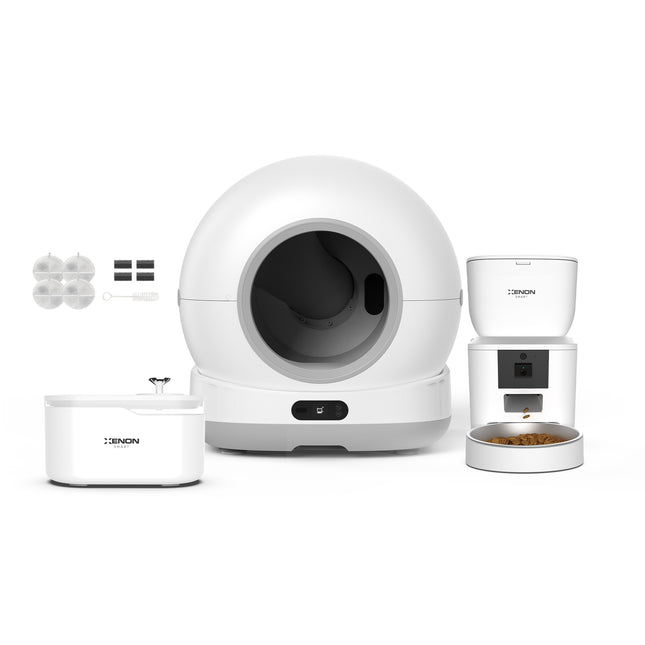 Akıllı Kedi Tuvaleti, Beyaz Mama Kabı ve Su Pınarı 4'lü Pet Ürünleri Seti