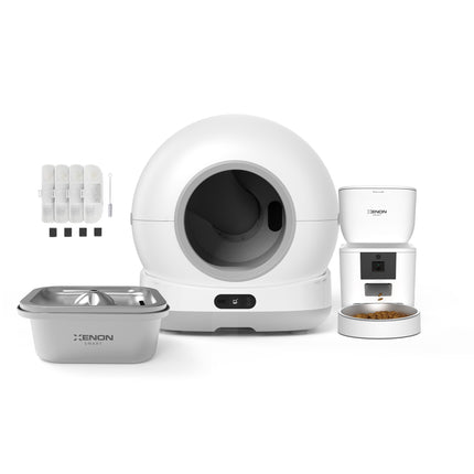 Akıllı Kameralı Kedi Tuvaleti, Beyaz Mama Kabı ve Çelik Su Pınarı 4'lü Pet Ürünleri Seti