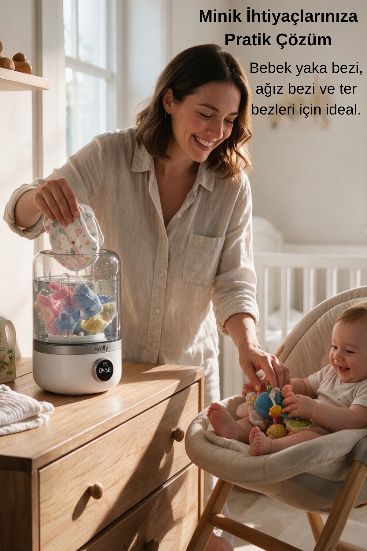 Volty Mini Çamaşır Makinesi Şarjlı Taşınabilir 4000mAh, 1.2L, LED Ekran