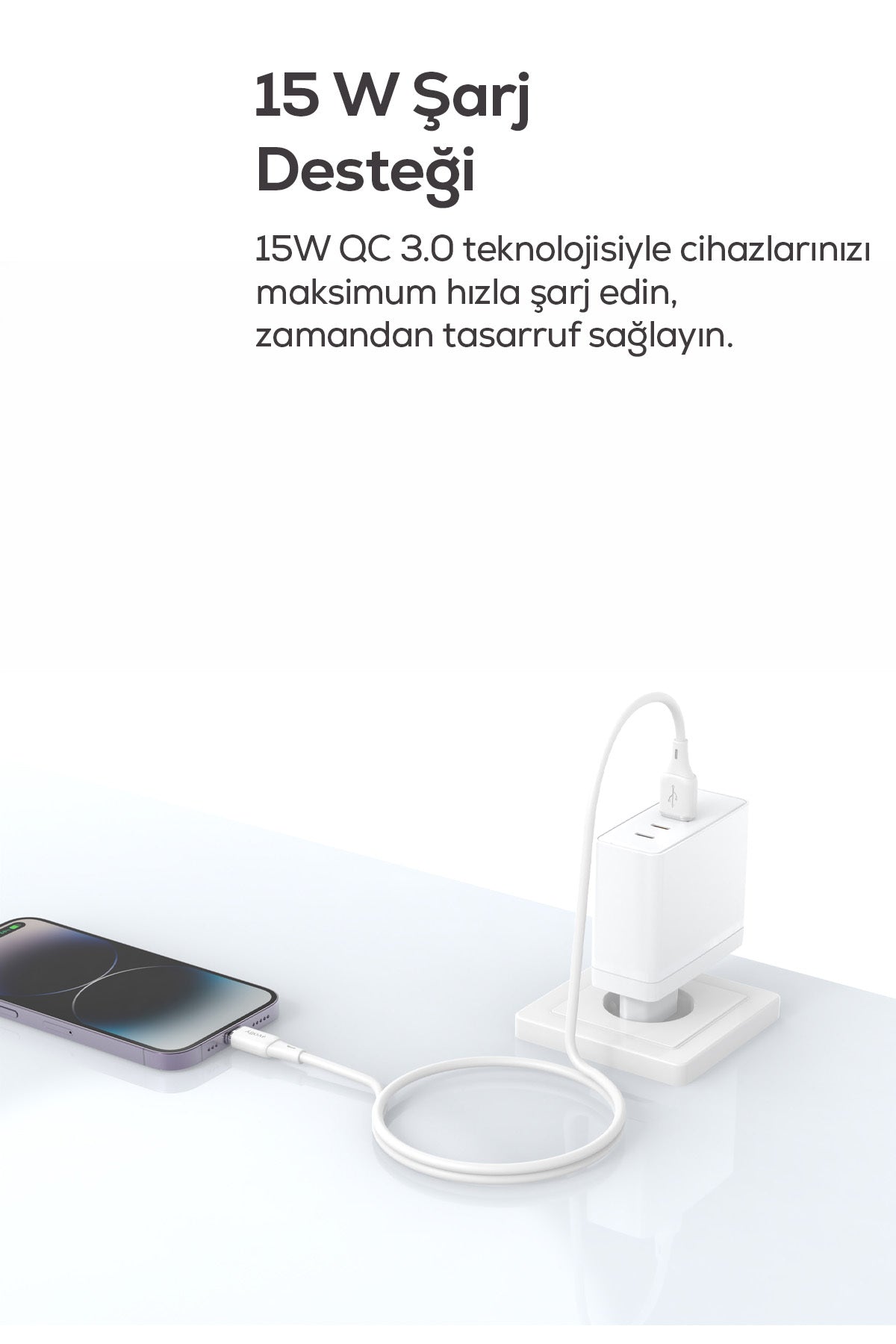 Volty USB-A to Type-C Hızlı Şarj Kablosu 15W QC 3.0, 480Mbps, 1.2m - Beyaz