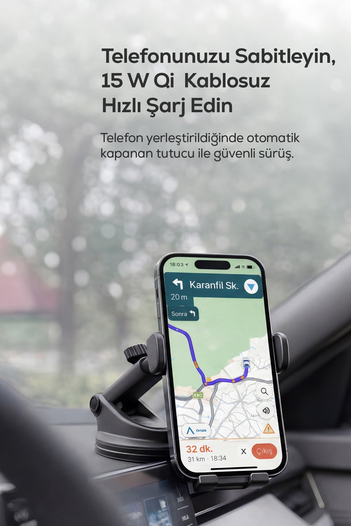 Volty Kablosuz Şarj Standı (Araç İçi) 15W Qi, Otomatik Telefon Tutucu, LED Gösterge