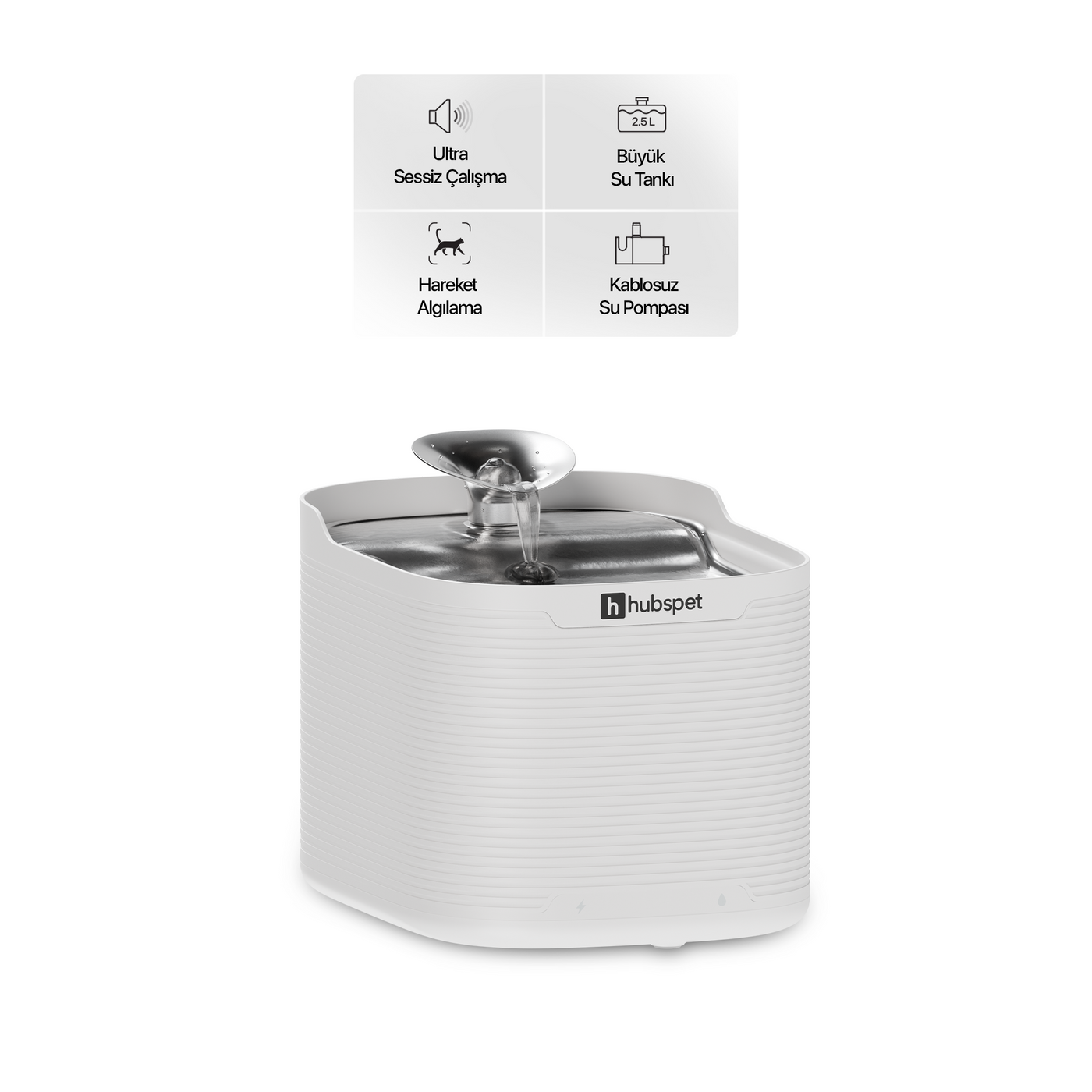 Hubspet Kedi Su Pınarı | 5200 mAh, 2.5L, Kablosuz, Hareket Sensörü Modu, Çelik Kase (H312)