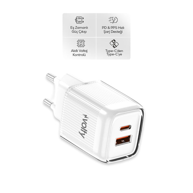 Volty Hızlı Şarj Adaptörü 35W GaN + Type-C Kablo 60W PD | USB-C & USB-A, Laptop & Telefon (Beyaz-V0102020)