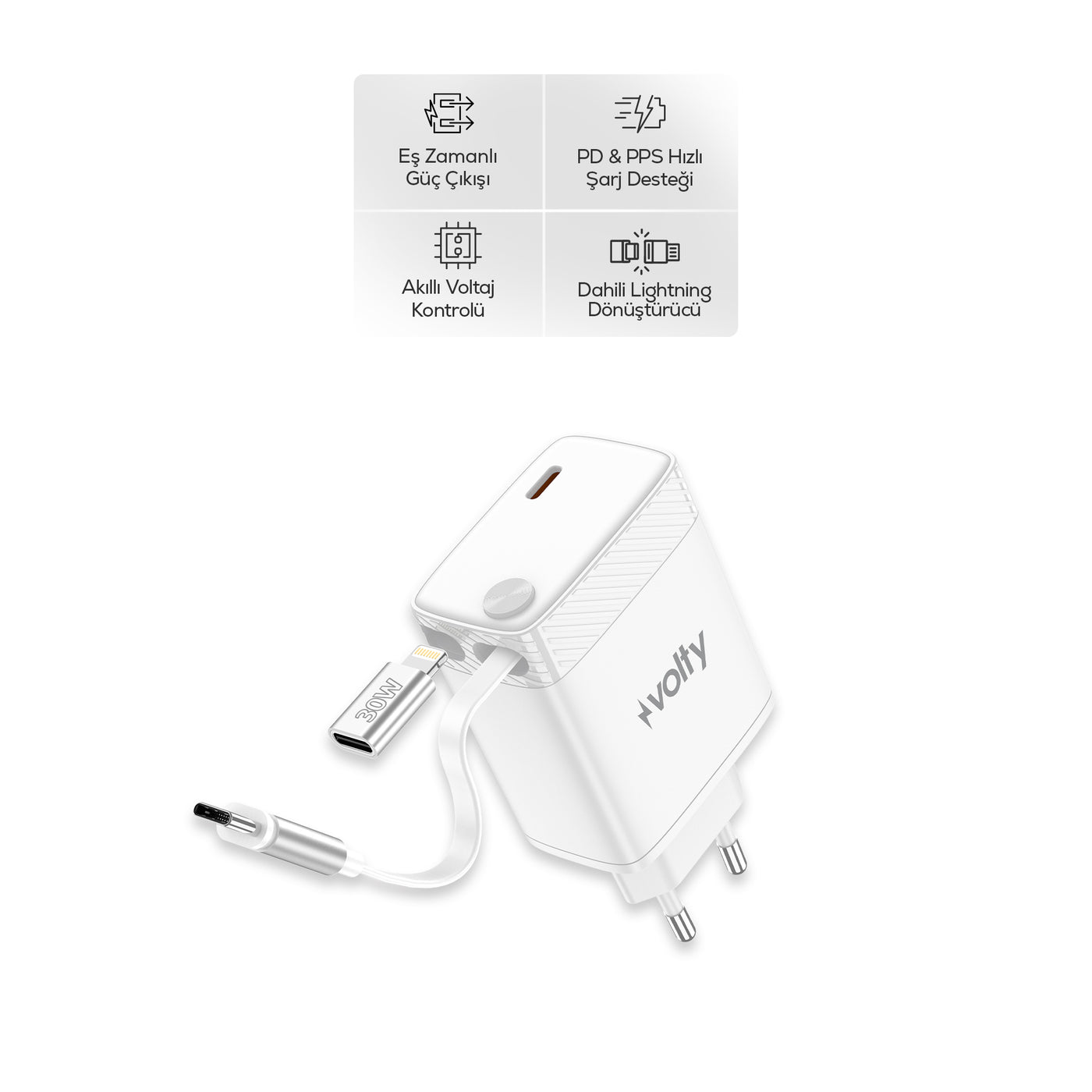 Volty Hızlı Şarj Adaptörü | 45W PD GaN, Geri Çekilebilir USB-C Kablolu, 2 Port, Laptop Uyumlu (V0102023)