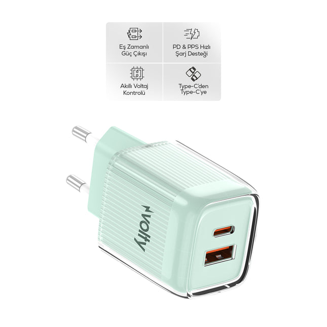 Volty Hızlı Şarj Adaptörü 35W GaN + Type-C Kablo 60W PD | USB-C & USB-A, Laptop & Telefon (Yeşil-V0102022)