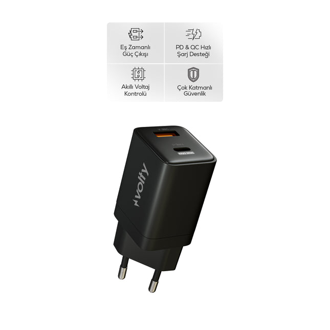 Volty Hızlı Şarj Adaptörü | 30W PD GaN, USB-C & USB-A, iPhone & Samsung Uyumlu, 55gr (Siyah-V0102009)