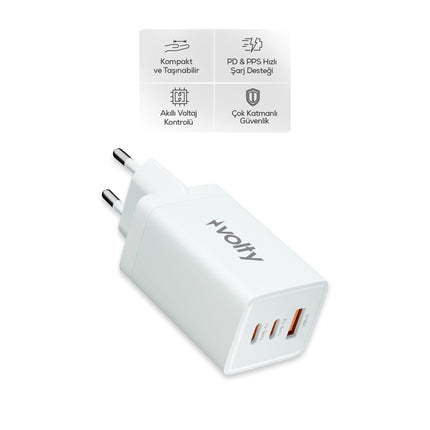 Volty Hızlı Şarj Adaptörü 67W GaN + Type-C Kablo 100W PD | 3 Port, iPhone & Samsung Uyumlu (Beyaz-V0102010)