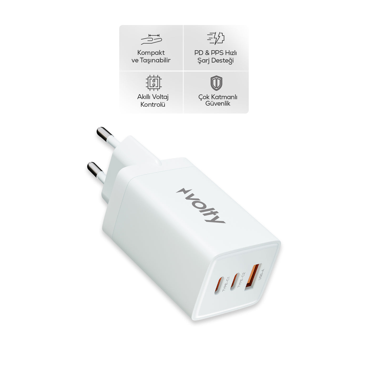 Volty Hızlı Şarj Adaptörü 67W GaN + Type-C Kablo 100W PD | 3 Port, iPhone & Samsung Uyumlu (Beyaz-V0102010)