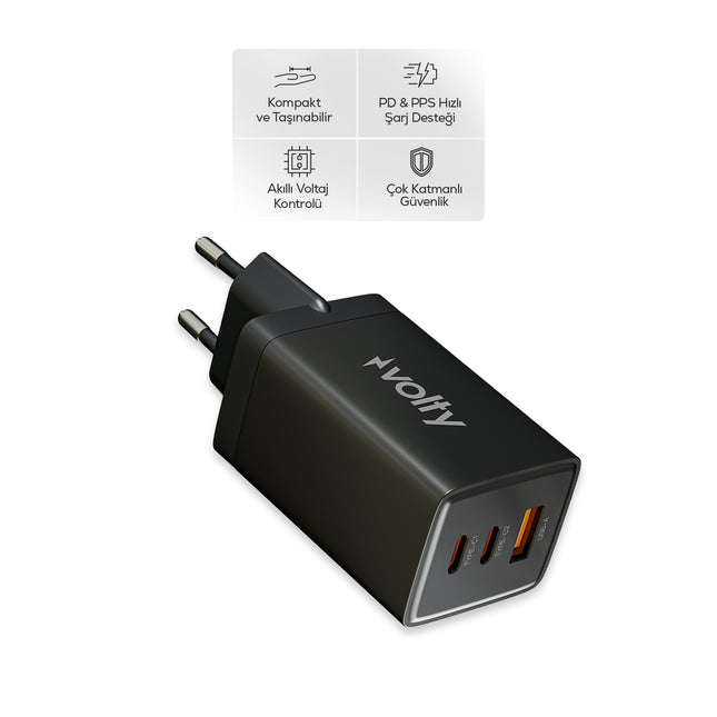 Volty Hızlı Şarj Adaptörü 67W GaN + Type-C Kablo 100W PD | 4 Port, iPhone & Samsung Uyumlu (Siyah-V0102013)