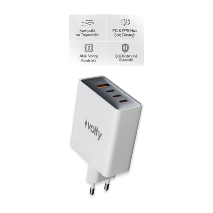 Volty Hızlı Şarj Adaptörü 100W GaN + Type-C Kablo 100W PD | 4 Port, iPhone & Samsung Uyumlu (Beyaz-V0102014)