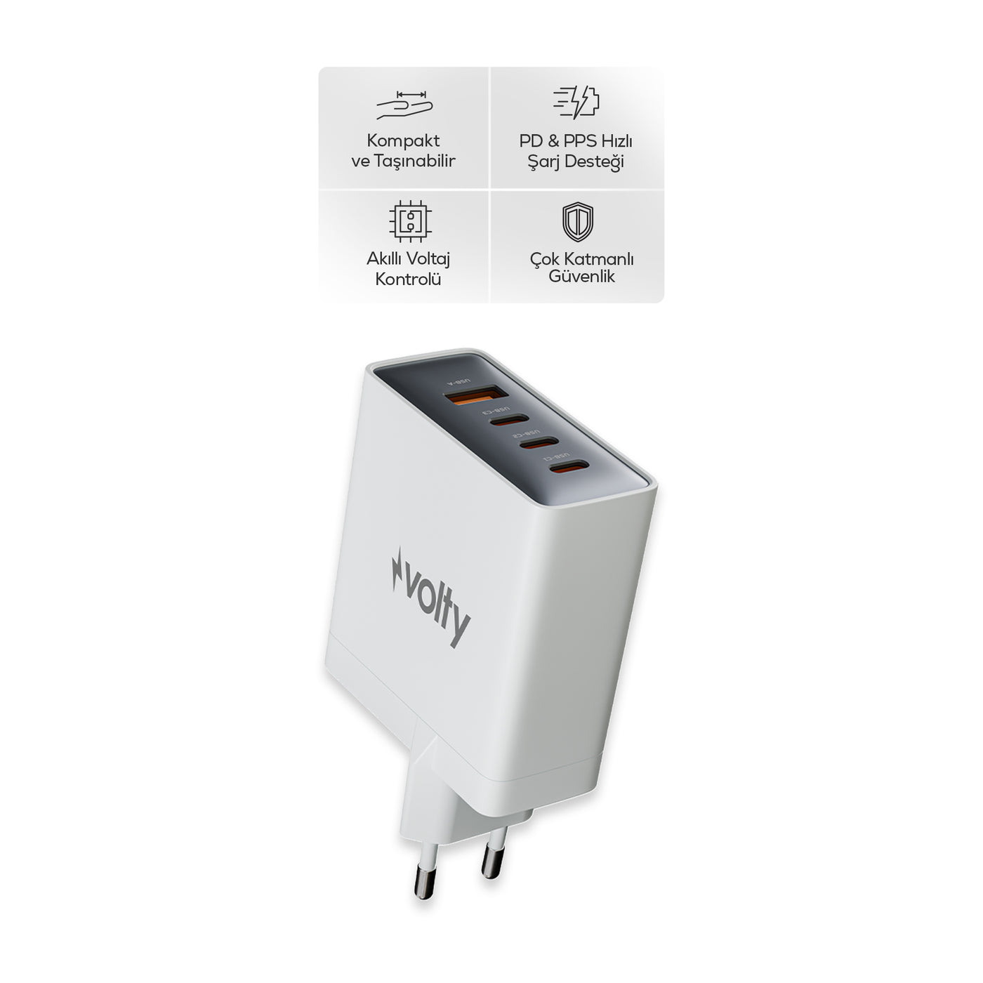 Volty Hızlı Şarj Adaptörü 100W GaN + Type-C Kablo 100W PD | 4 Port, iPhone & Samsung Uyumlu (Beyaz-V0102014)
