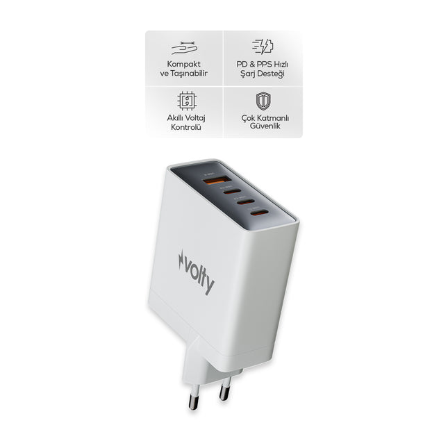 Volty Hızlı Şarj Adaptörü 100W GaN + Type-C Kablo 100W PD | 4 Port, iPhone & Samsung Uyumlu (Beyaz-V0102014)
