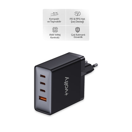 Volty Hızlı Şarj Adaptörü 100W GaN + Type-C Kablo 100W PD | 4 Port, iPhone & Samsung Uyumlu (Siyah-V0102015)