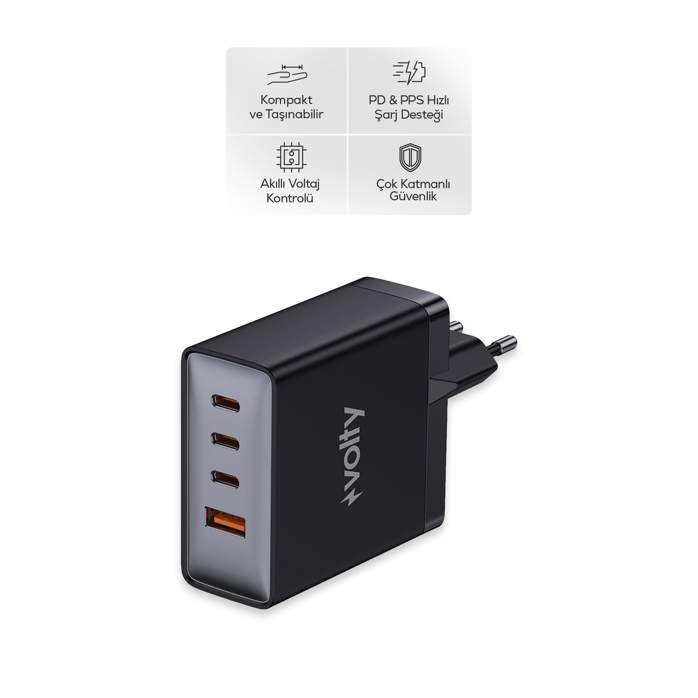 Volty Hızlı Şarj Adaptörü 100W GaN + Type-C Kablo 100W PD | 4 Port, iPhone & Samsung Uyumlu (Siyah-V0102015)