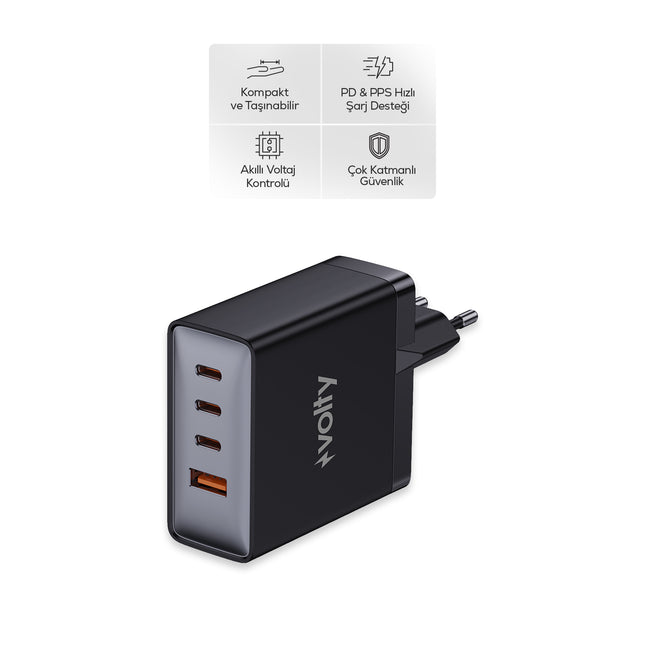 Volty Hızlı Şarj Adaptörü 100W GaN + Type-C Kablo 100W PD | 4 Port, iPhone & Samsung Uyumlu (Siyah-V0102015)