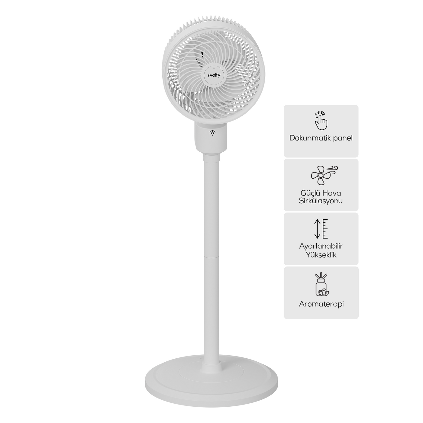 Volty Ayaklı Vantilatör | 3D Salınımlı, Kumandalı, Aromaterapi, Ultra Sessiz, 7s Zamanlı (V0402101)