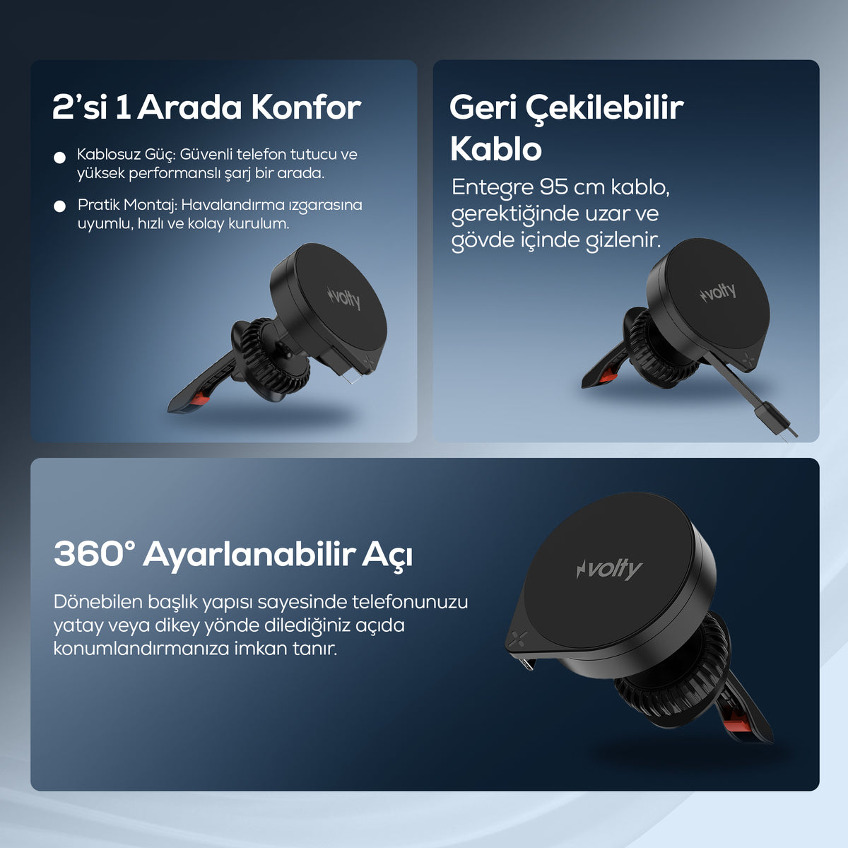 Volty Kablosuz Araç Şarjı ve Tutucu | 15W, Manyetik, Geri Çekilebilir Kablo, 360°, 99g (V0106001)