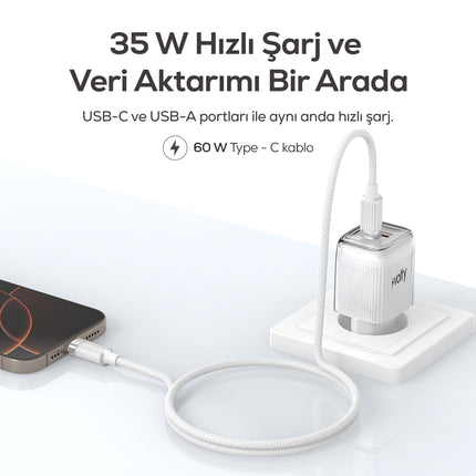 Volty Hızlı Şarj Adaptörü 35W GaN + Type-C Kablo 60W PD | USB-C & USB-A, Laptop & Telefon (Beyaz-V0102020)