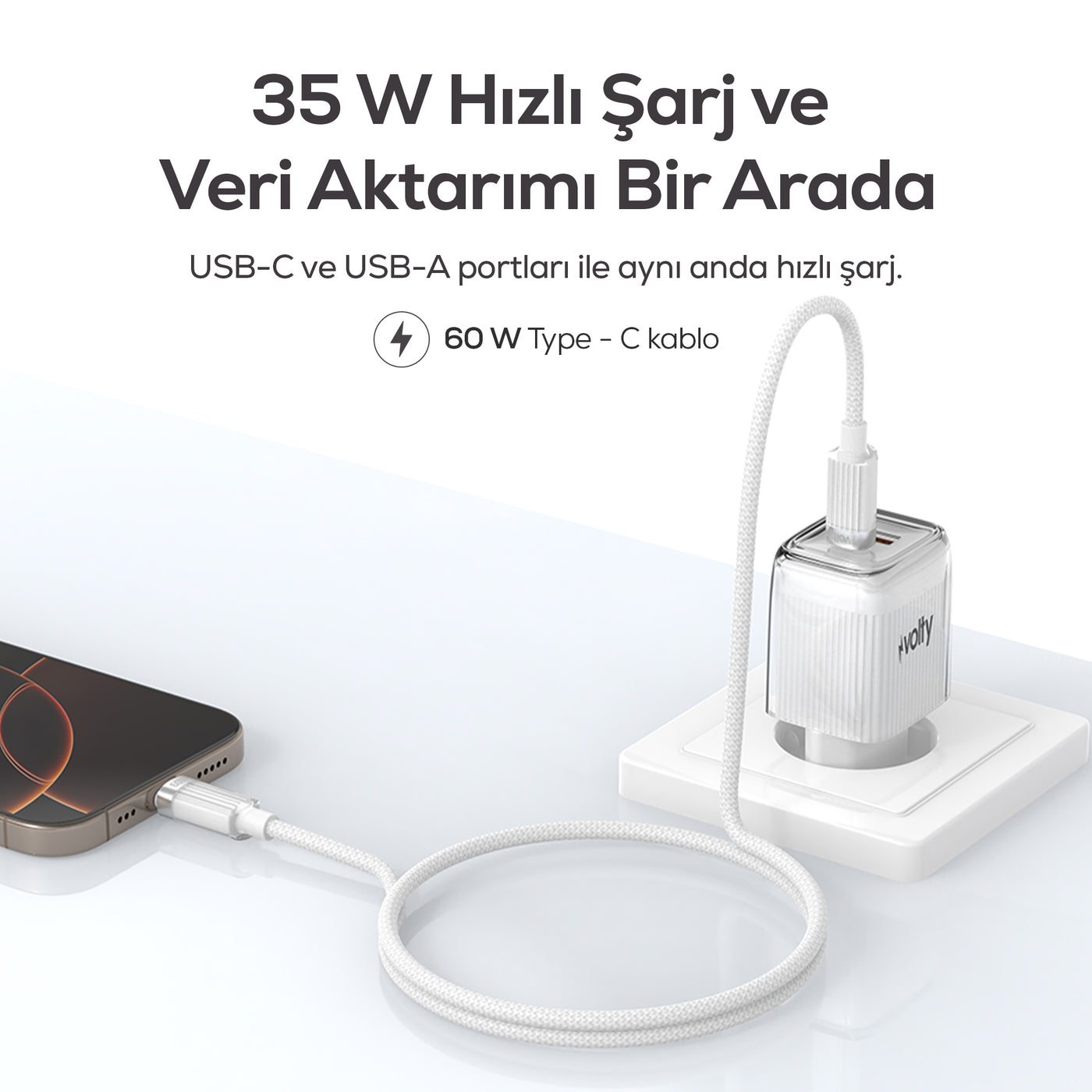 Volty Hızlı Şarj Adaptörü 35W GaN + Type-C Kablo 60W PD | USB-C & USB-A, Laptop & Telefon (Beyaz-V0102020)