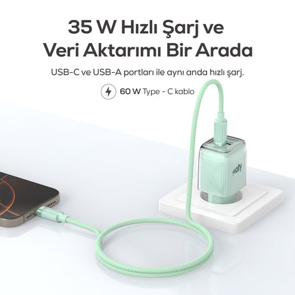 Volty Hızlı Şarj Adaptörü 35W GaN + Type-C Kablo 60W PD | USB-C & USB-A, Laptop & Telefon (Yeşil-V0102022)