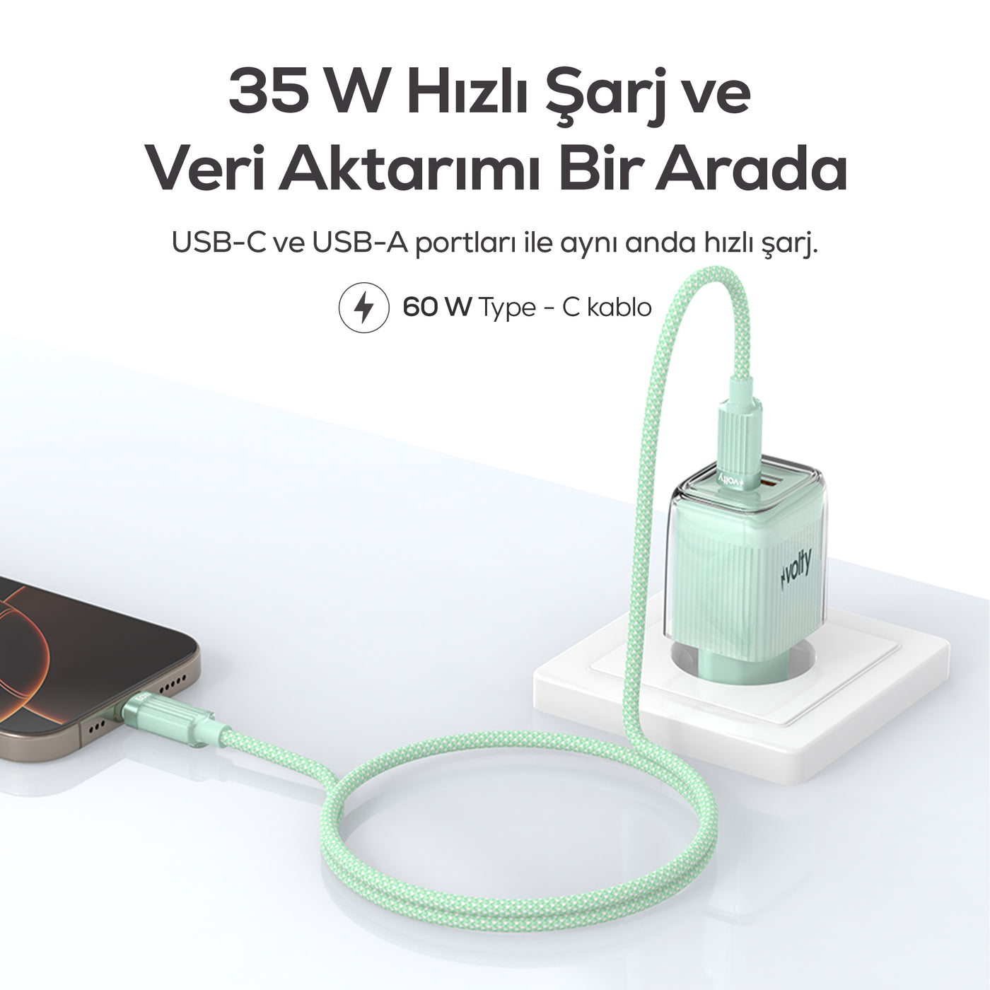 Volty Hızlı Şarj Adaptörü 35W GaN + Type-C Kablo 60W PD | USB-C & USB-A, Laptop & Telefon (Yeşil-V0102022)
