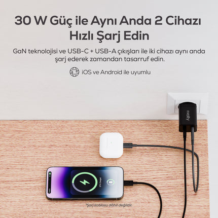 Volty Hızlı Şarj Adaptörü | 30W PD GaN, USB-C & USB-A, iPhone & Samsung Uyumlu, 55gr (Siyah-V0102009)