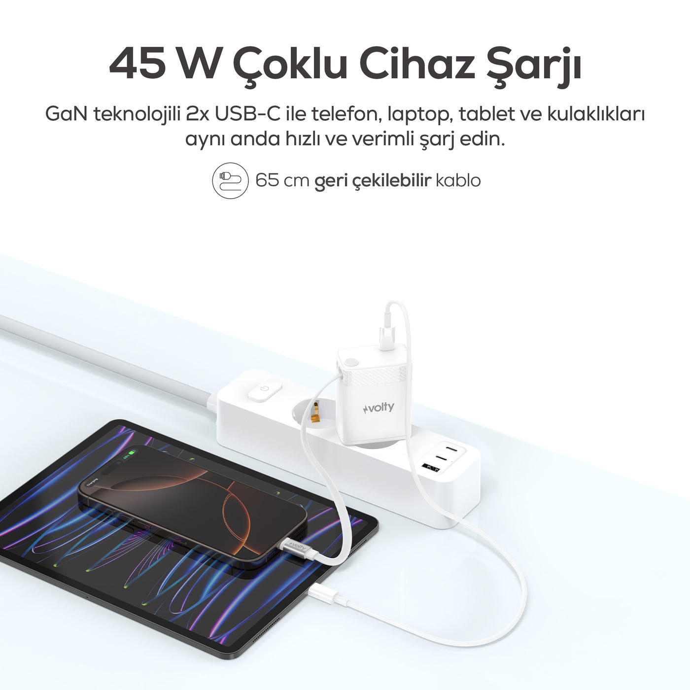 Volty Hızlı Şarj Adaptörü | 45W PD GaN, Geri Çekilebilir USB-C Kablolu, 2 Port, Laptop Uyumlu (V0102023)