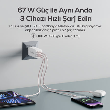 Volty Hızlı Şarj Adaptörü 67W GaN + Type-C Kablo 100W PD | 3 Port, iPhone & Samsung Uyumlu (Beyaz-V0102010)