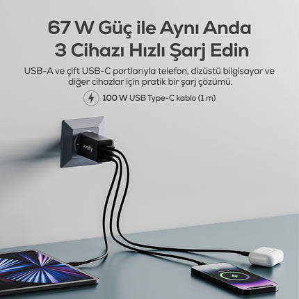 Volty Hızlı Şarj Adaptörü 67W GaN + Type-C Kablo 100W PD | 3 Port, iPhone & Samsung Uyumlu (Siyah-V0102011)