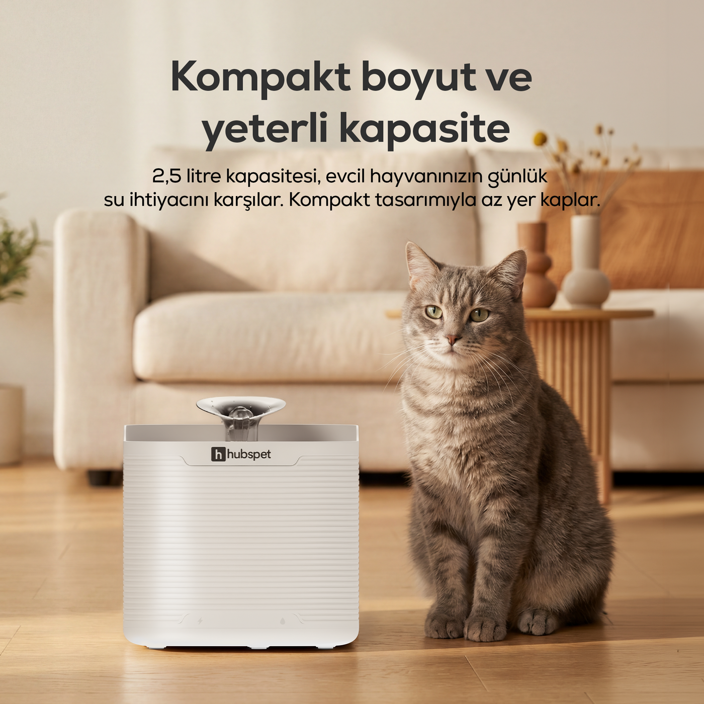 Hubspet Kedi Su Pınarı | 5200 mAh, 2.5L, Kablosuz, Hareket Sensörü Modu, Çelik Kase (H312)