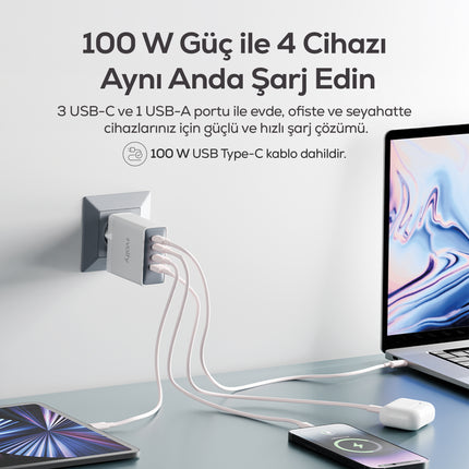 Volty Hızlı Şarj Adaptörü 100W GaN + Type-C Kablo 100W PD | 4 Port, iPhone & Samsung Uyumlu (Beyaz-V0102014)