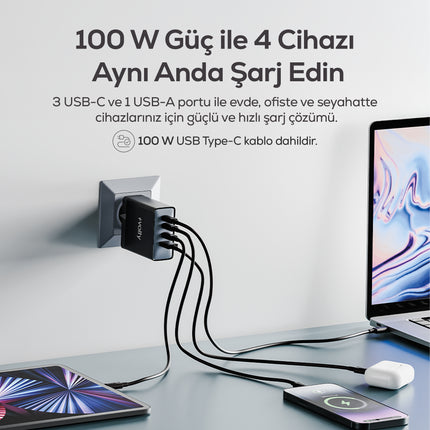 Volty Hızlı Şarj Adaptörü 100W GaN + Type-C Kablo 100W PD | 4 Port, iPhone & Samsung Uyumlu (Siyah-V0102015)