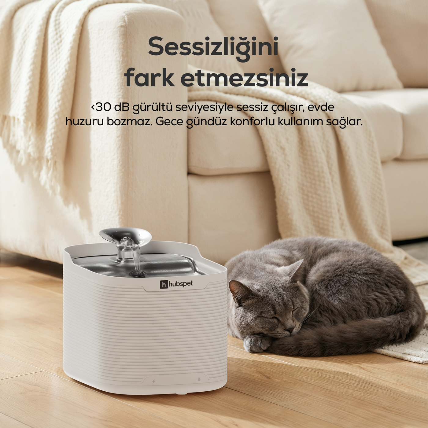 Hubspet Kedi Su Pınarı | 5200 mAh, 2.5L, Kablosuz, Hareket Sensörü Modu, Çelik Kase (H312)