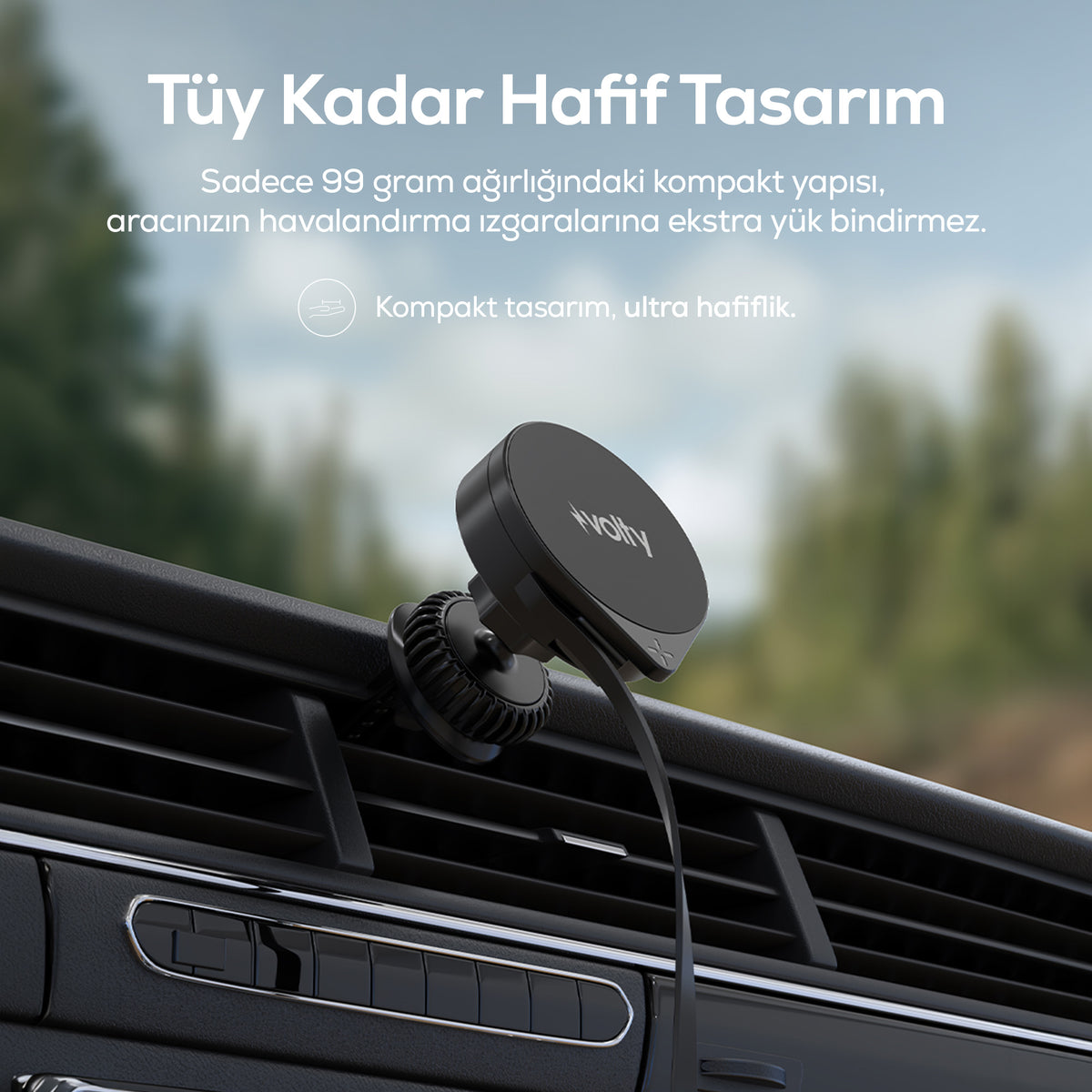 Volty Kablosuz Araç Şarjı ve Tutucu | 15W, Manyetik, Geri Çekilebilir Kablo, 360°, 99g (V0106001)