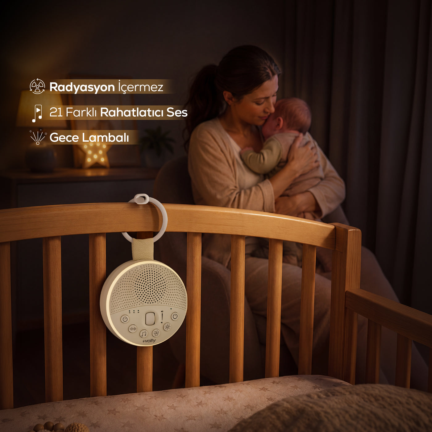 Volty Bebek Uyku Arkadaşı | 21 Sesli Beyaz Gürültü Makinesi, Gece Lambalı, Çocuk Kilitli, (V0501001)