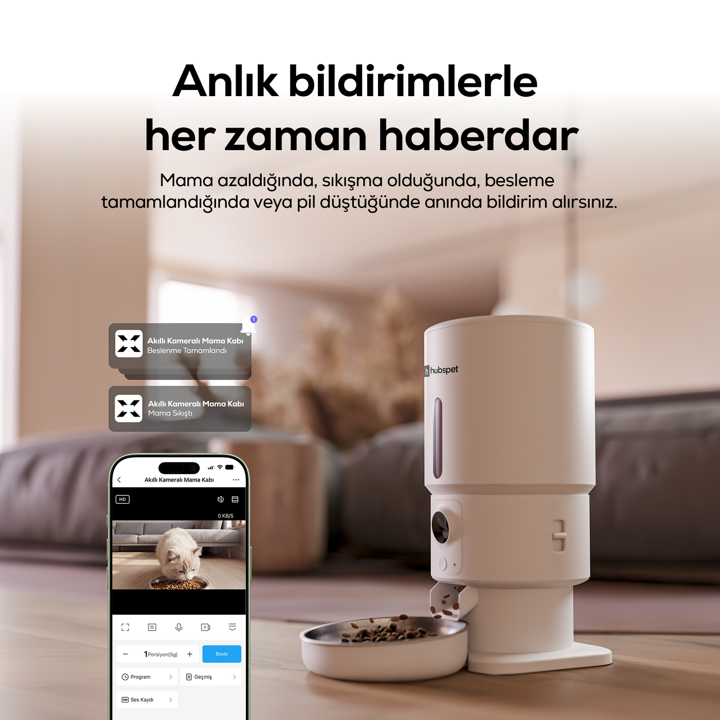 Hubspet Akıllı Mama Kabı (Kameralı) | 1080p, 5L, Mobil Kontrol, Çelik Kase, Çift Yönlü Ses (H503)
