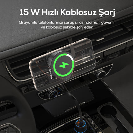 Volty Kablosuz Araç Şarjı ve Tutucu | 15W, Manyetik, Geri Çekilebilir Kablo, 360°, 99g (V0106001)