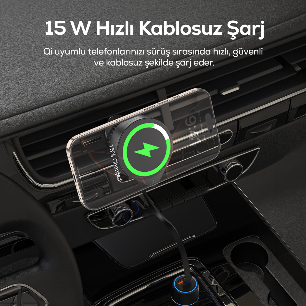 Volty Kablosuz Araç Şarjı ve Tutucu | 15W, Manyetik, Geri Çekilebilir Kablo, 360°, 99g (V0106001)