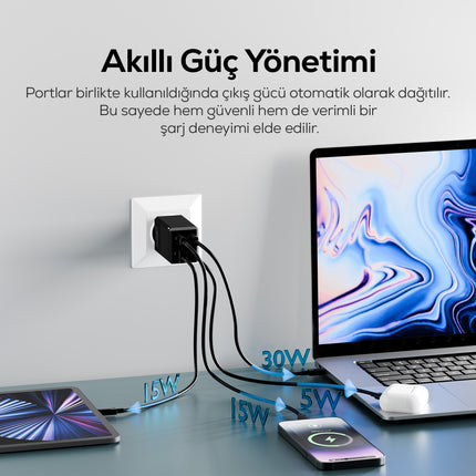 Xenon Smart Hızlı Şarj Adaptörü 65W GaN + Type-C Kablo 100W PD | 4 Port, iPhone & Samsung Uyumlu (X6425)