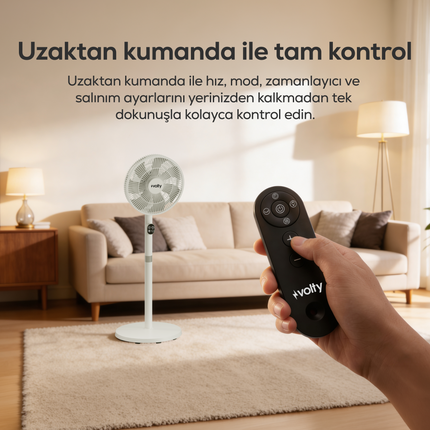 Volty Ayaklı Vantilatör | 23W, 24 Kademe, Kumandalı, Otomatik Salınım, Boy Ayarlı (V0402102)