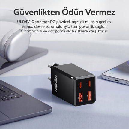 Xenon Smart Hızlı Şarj Adaptörü 65W GaN + Type-C Kablo 100W PD | 4 Port, iPhone & Samsung Uyumlu (X6425)