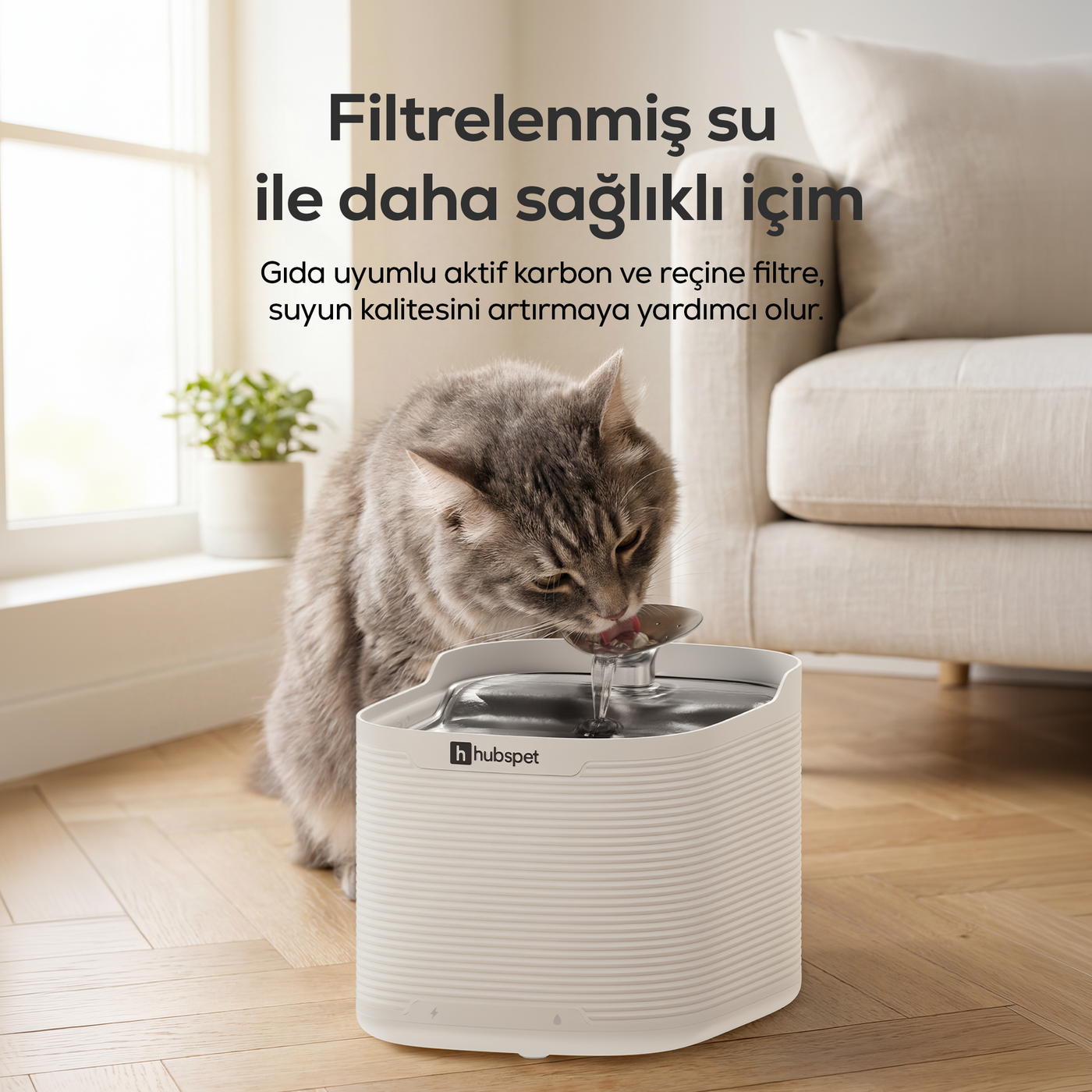 Hubspet Kedi Su Pınarı | 5200 mAh, 2.5L, Kablosuz, Hareket Sensörü Modu, Çelik Kase (H312)