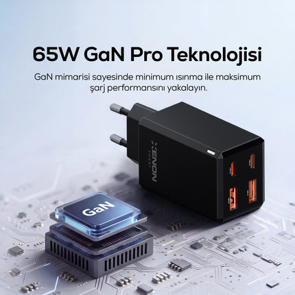 Xenon Smart Hızlı Şarj Adaptörü 65W GaN + Type-C Kablo 100W PD | 4 Port, iPhone & Samsung Uyumlu (X6425)