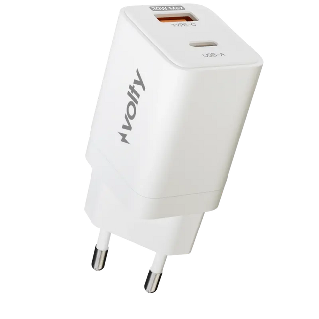 Volty Hızlı Şarj Adaptörü | 30W PD GaN, USB-C & USB-A, iPhone & Samsung Uyumlu, 55gr (Beyaz-V0102008)
