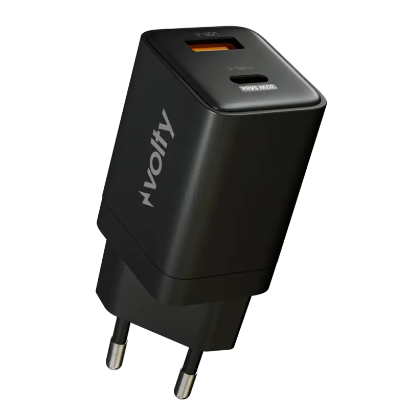 Volty Hızlı Şarj Adaptörü | 30W PD GaN, USB-C & USB-A, iPhone & Samsung Uyumlu, 55gr (Siyah-V0102009)