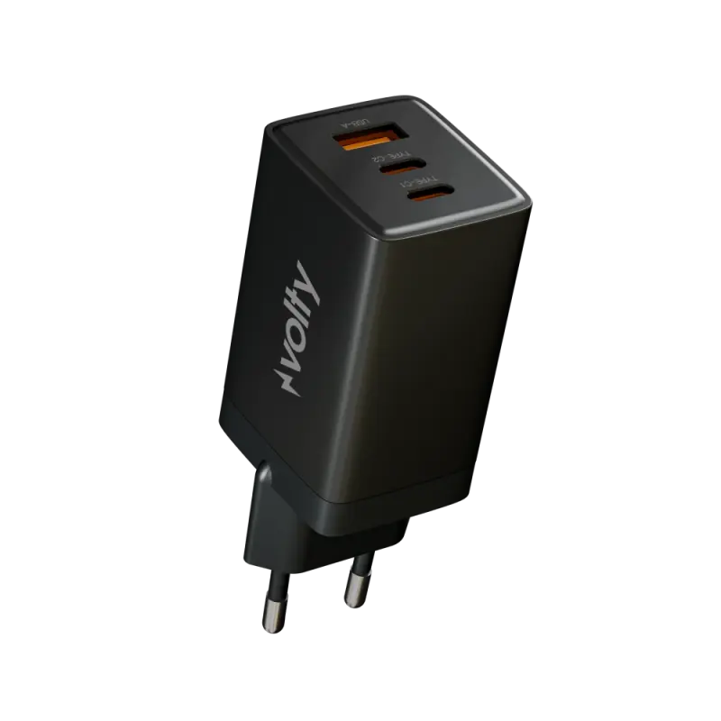 Volty Hızlı Şarj Adaptörü 67W GaN + Type-C Kablo 100W PD | 3 Port, iPhone & Samsung Uyumlu (Siyah-V0102011)