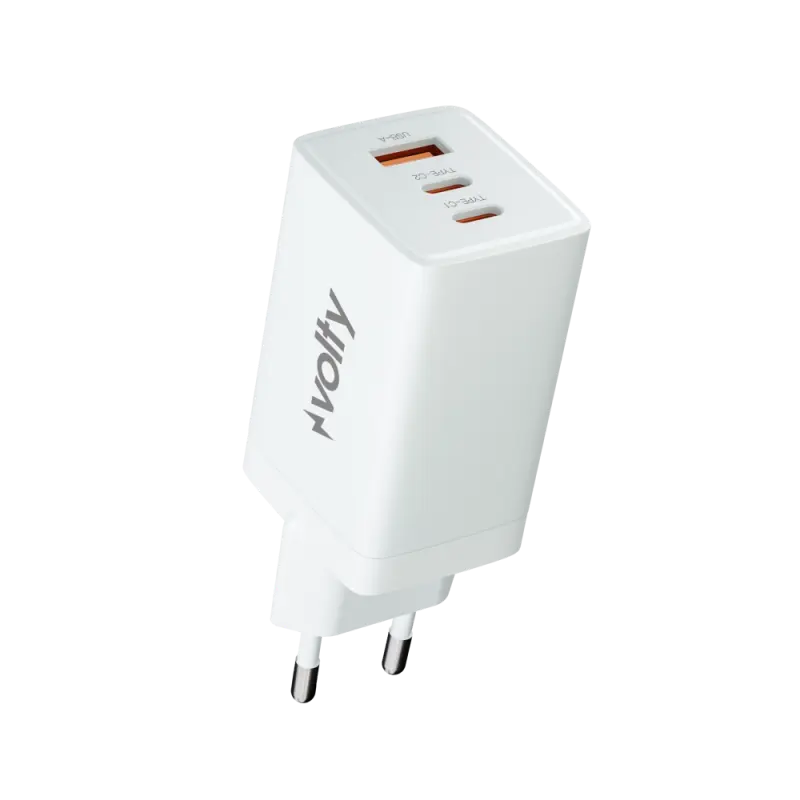 Volty Hızlı Şarj Adaptörü 67W GaN + Type-C Kablo 100W PD | 3 Port, iPhone & Samsung Uyumlu (Beyaz-V0102010)