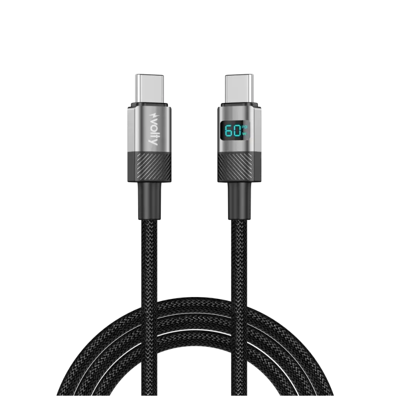Volty Type C Hızlı Şarj Kablosu | Type-C to Type-C, 60W, 480Mbps, 1.2m, PD, Dijital Ekran (Siyah-V0201005)