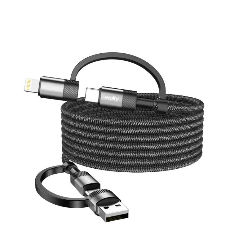 Volty Hızlı Şarj Kablosu 4 in 1 | USB-A/C to Type-C/Lightning, 60W, 1.2m, Manyetik (Siyah-V0201007)