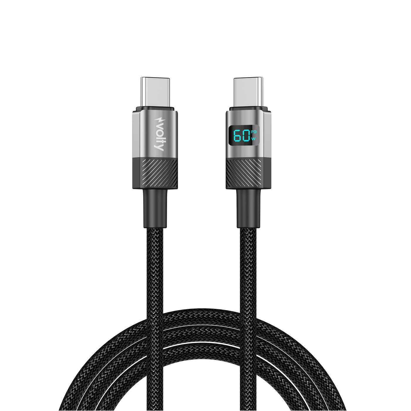 Volty Type C Hızlı Şarj Kablosu | Type-C to Type-C, 60W, 480Mbps, 1.2m, PD, Dijital Ekran (Siyah-V0201005)